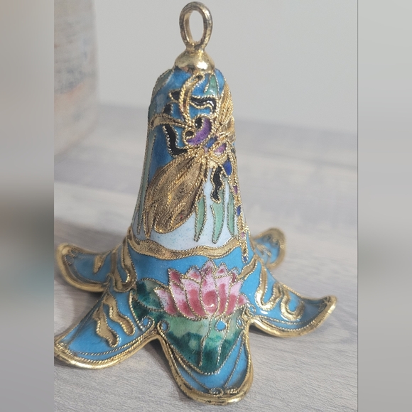 Vintage Brass and Enamel Floral Dragonfly Ornament Bell - Picture 1 of 6